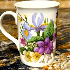 Vintage 1980s Floral Crown Trent UK Fine Bone China Ceramic Botanical Mug